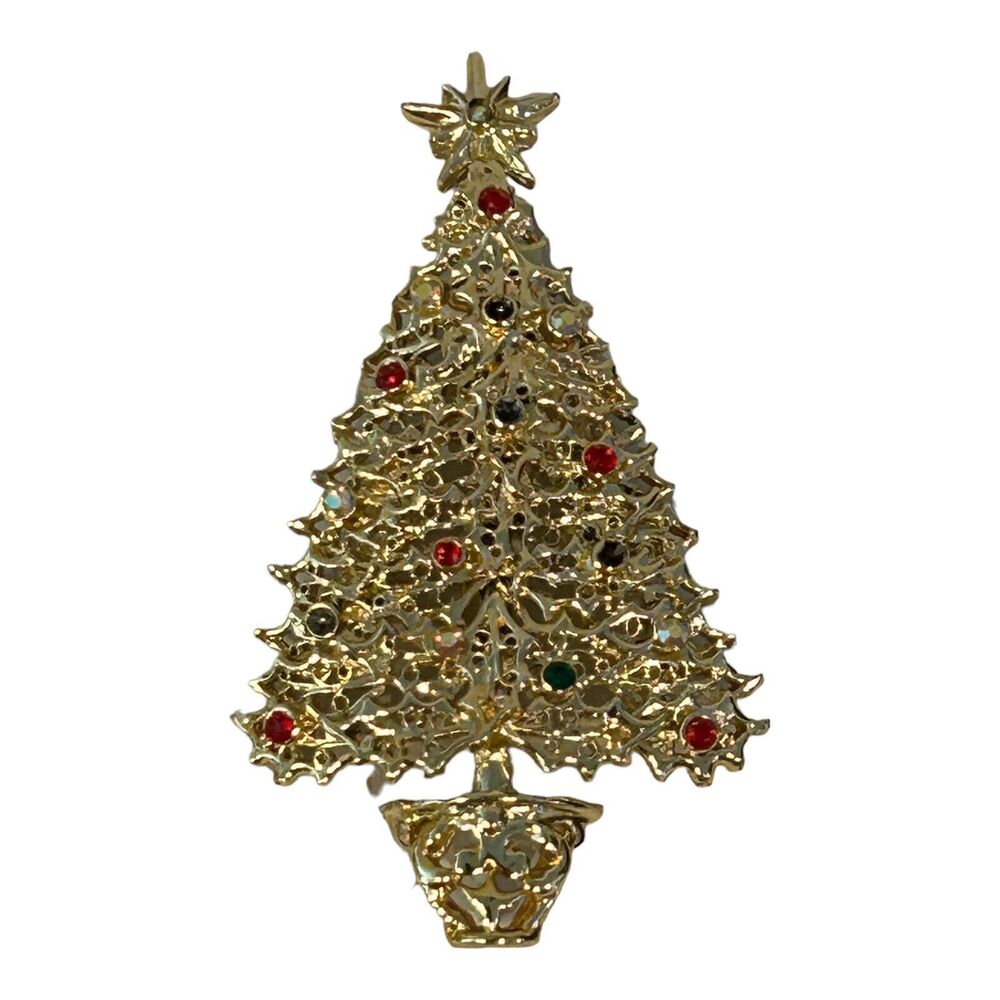 Tancer II Gold Tone Holly Multicolor Rhinestone Christmas Tree‎ Brooch Pin